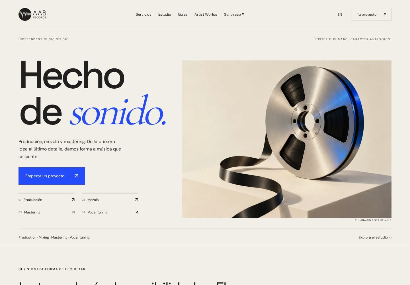 Published AAB Records homepage with a tape composition, services and studio navigation